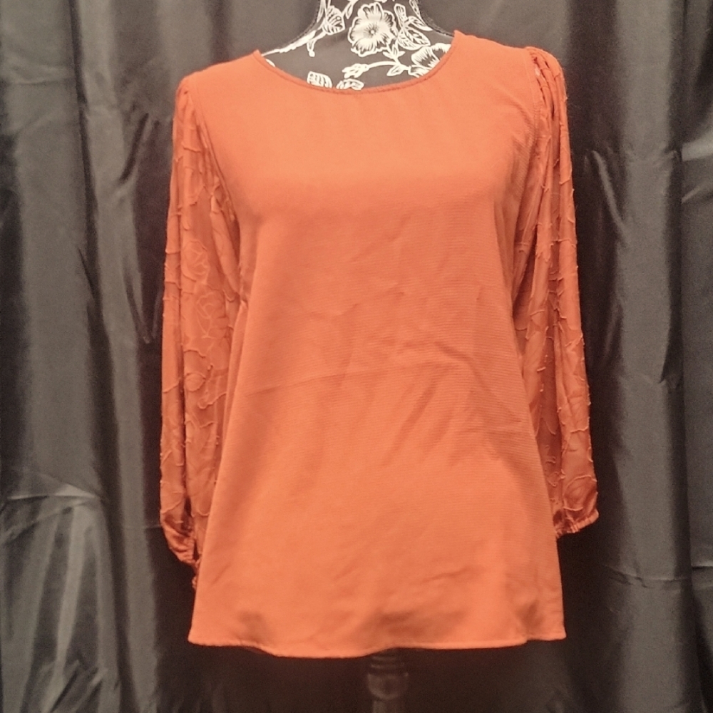 Rust Orange Long Bell Sheer Sleeve Blouse